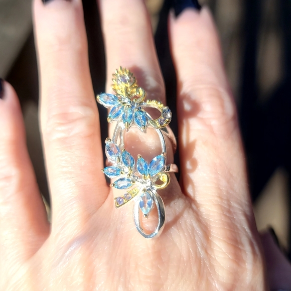 GORGEOUS Aquamarine, Amethyst & Sapphire peacock floral cocktail ring sz6.5 - Picture 4 of 7